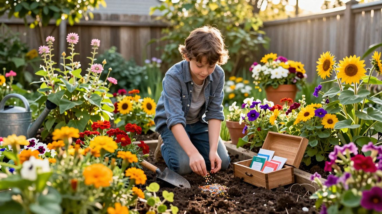 Criança a semear sementes num jardim colorido, rodeado de flores e ferramentas de jardinagem.