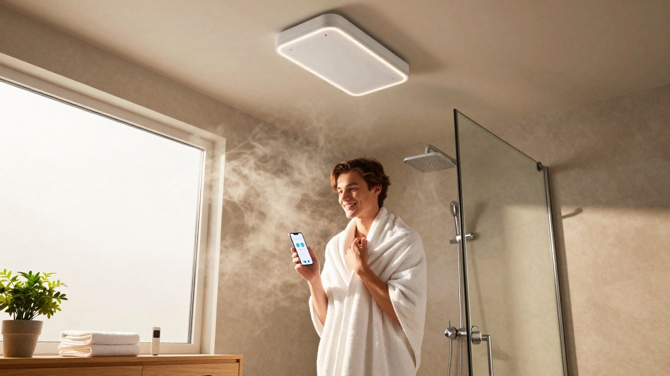 Pessoa envolta em toalha branca no banheiro com vapor e segurando telemóvel perto de janela grande.