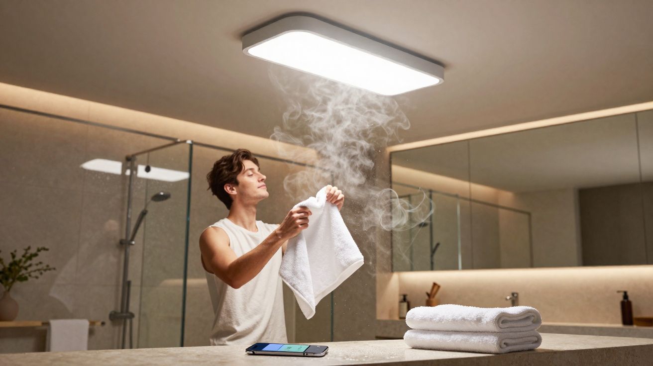 Homem seca toalha quente a vapor numa casa de banho moderna com espelho grande e toalhas empilhadas.
