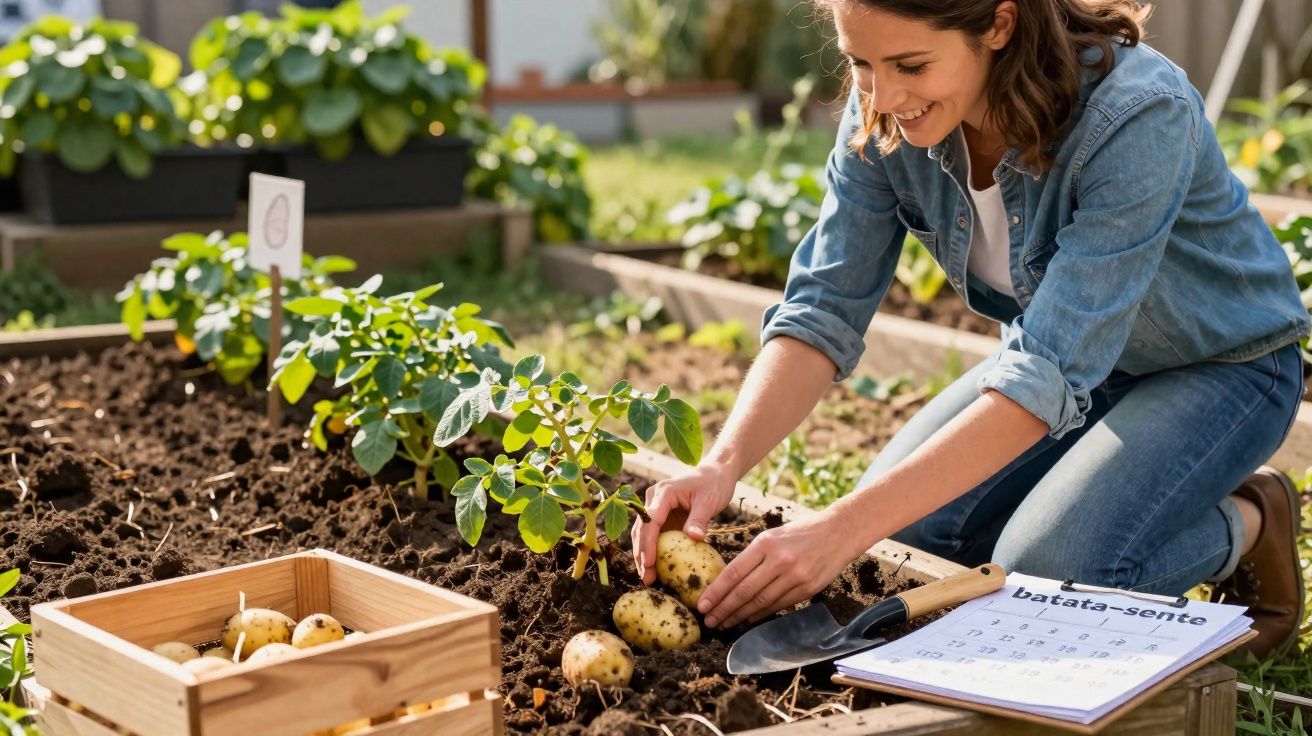 Mulher a colher batatas frescas num canteiro de jardim com caixa de madeira e calendário à vista.