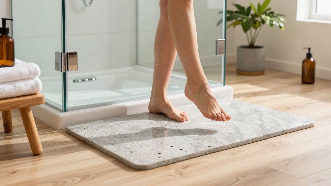 Pés femininos molhados saindo de um chuveiro, pisando numa passadeira macia cinza junto a toalhas brancas.