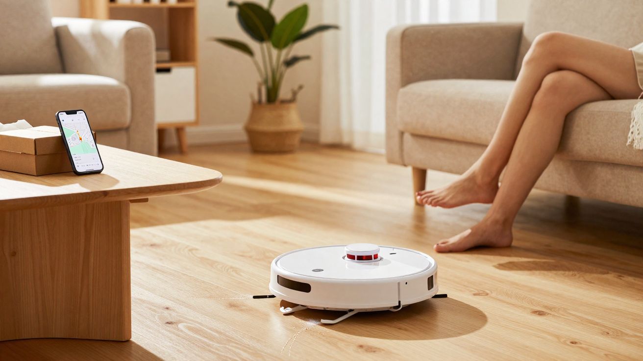 Aspirador robô branco a limpar chão de madeira numa sala com sofá e telemóvel na mesa.