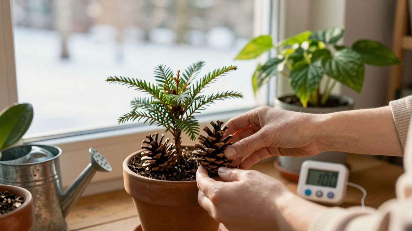 Mãos a colocar pinhas num vaso com uma pequena árvore de Natal junto a uma janela com outras plantas e um regador.