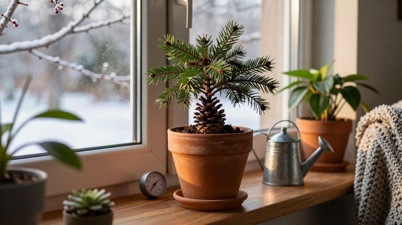 Janela com plantas em vasos de barro numa prateleira, regador metálico e manta de lã ao lado.