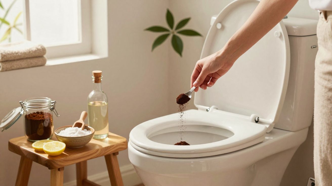 Pessoa a deitar café moído na sanita com ingredientes naturais numa mesa ao lado num banheiro iluminado.