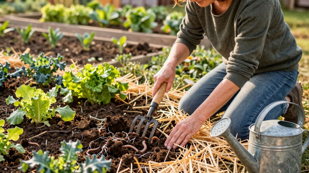 Pessoa a cultivar hortaliças num canteiro com ancinho e regador metálico ao lado.