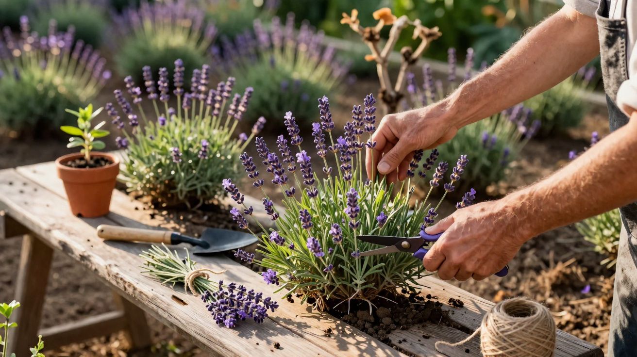 Pessoa a podar lavanda numa mesa de madeira num jardim ao ar livre, com ferramentas de jardinagem.