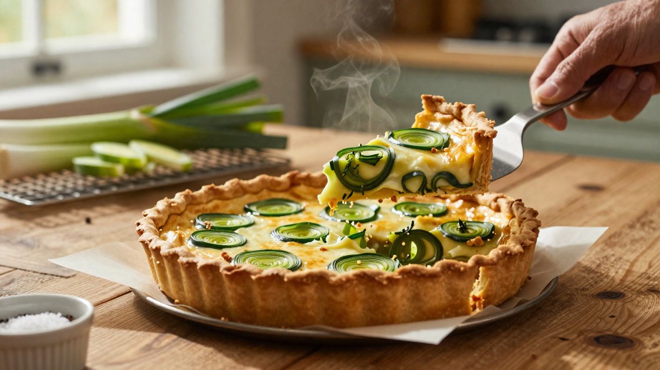 Tarte quente de queijo com rodelas de curgete, a ser servida numa cozinha rústica.