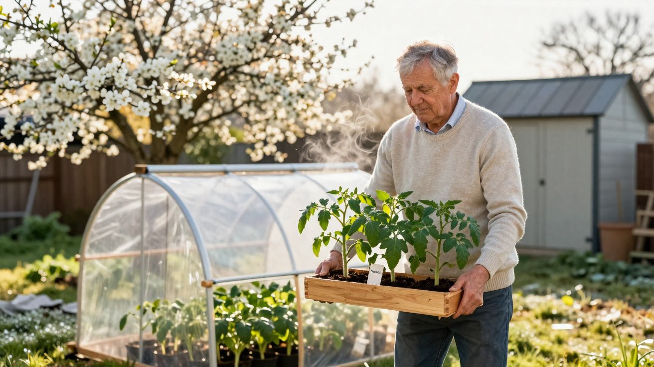 Homem idoso a segurar caixa com plantas verdes num jardim com estufa e árvores floridas ao fundo.