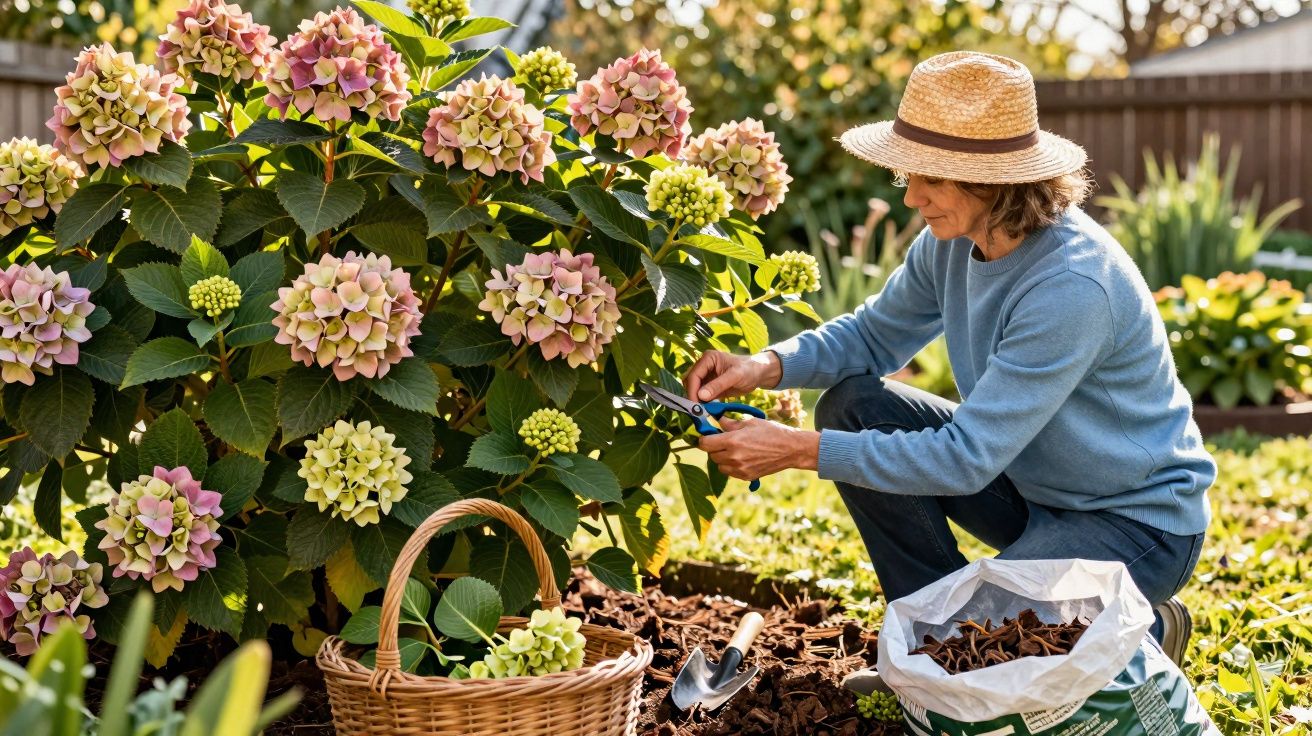Pessoa a podar flores cor-de-rosa de hortênsia num jardim ensolarado com cesta e terra ao lado.