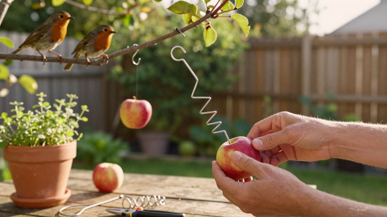 Dois pássaros pousados num ramo enquanto uma pessoa espeta uma maçã com um arame num jardim.