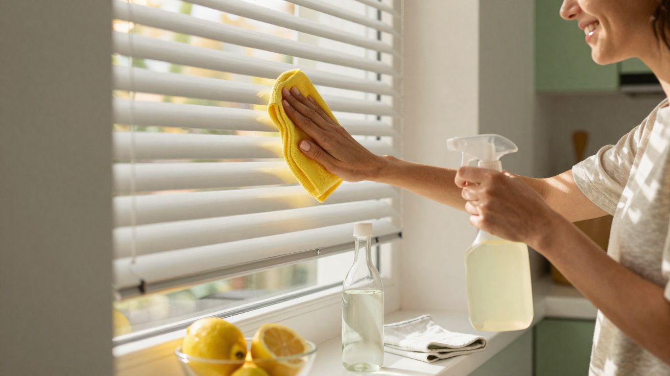 Pessoa a limpar persianas brancas junto a janela, com pano amarelo e frasco spray, numa cozinha iluminada.