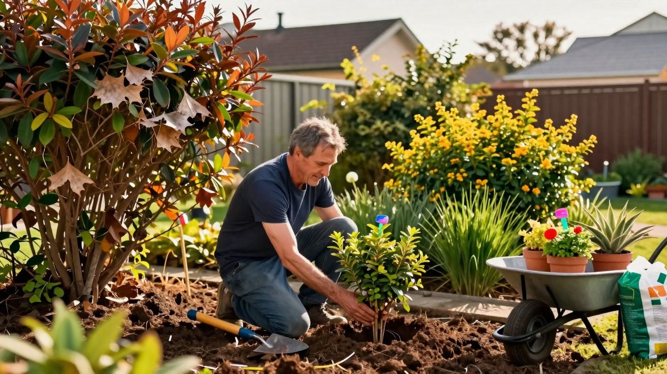 Homem a plantar arbusto num jardim com carrinho de mão cheio de vasos e terra ao lado.