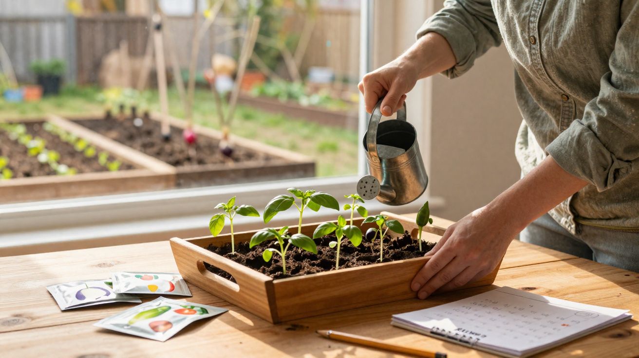 Pessoa a regar plantas jovens num tabuleiro de madeira junto a uma janela, com cadernos e sementes na mesa.