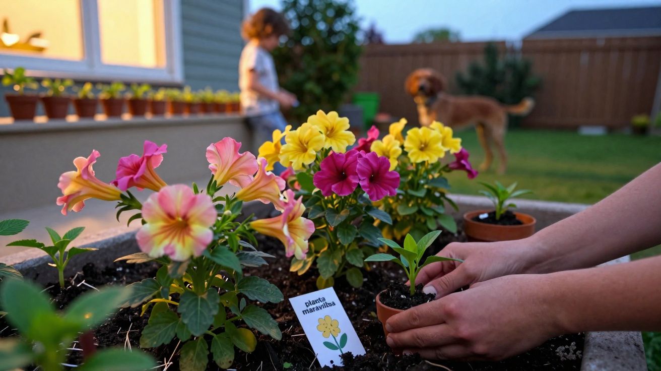 Mãos a plantar flores coloridas num jardim com criança e cão ao fundo ao entardecer.