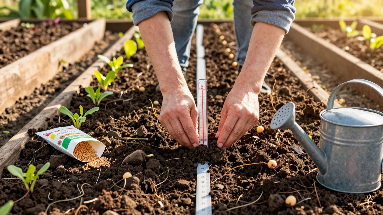 Pessoa a plantar sementes num canteiro com regador e sementeira ao lado.