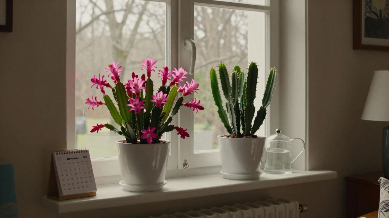 Duas plantas em vasos brancos na varanda de uma janela com calendário e jarra de vidro ao lado.