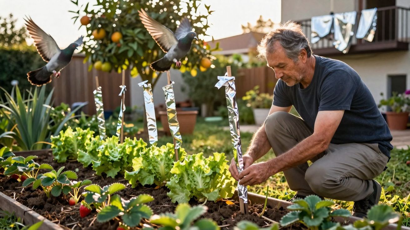 Homem a cuidar de uma horta com alfaces e morangos num jardim residencial ao entardecer.