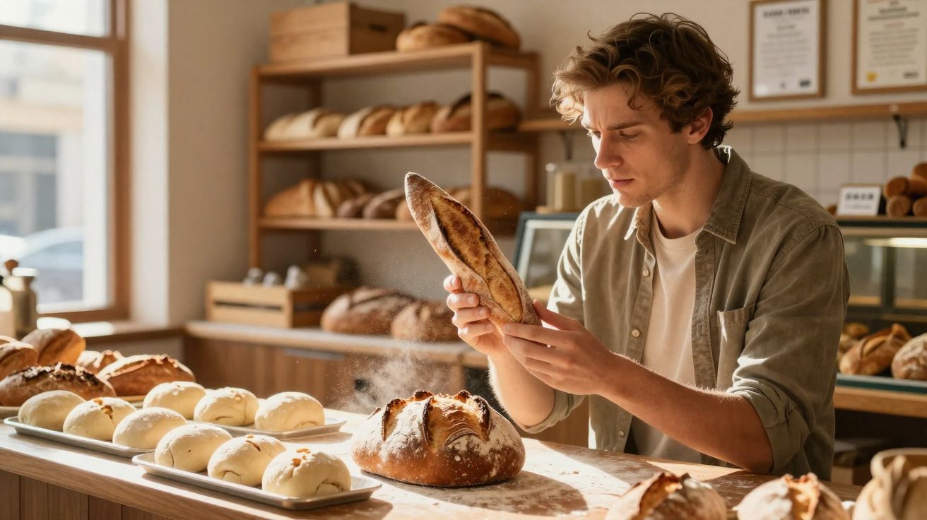 Homem a examinar pão fresco numa padaria com várias variedades de pão numa mesa de madeira.