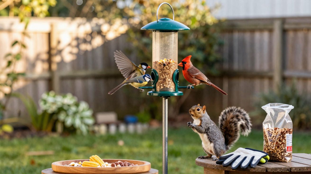Pássaros e esquilo perto de alimentador de aves num jardim com placa de sementes e luva de jardinagem.