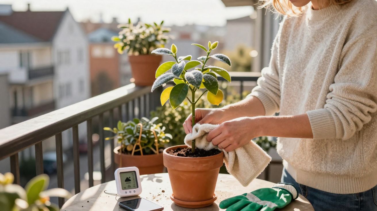 Pessoa a cuidar de planta em vaso num terraço com luz solar e ferramentas de jardinagem na mesa.