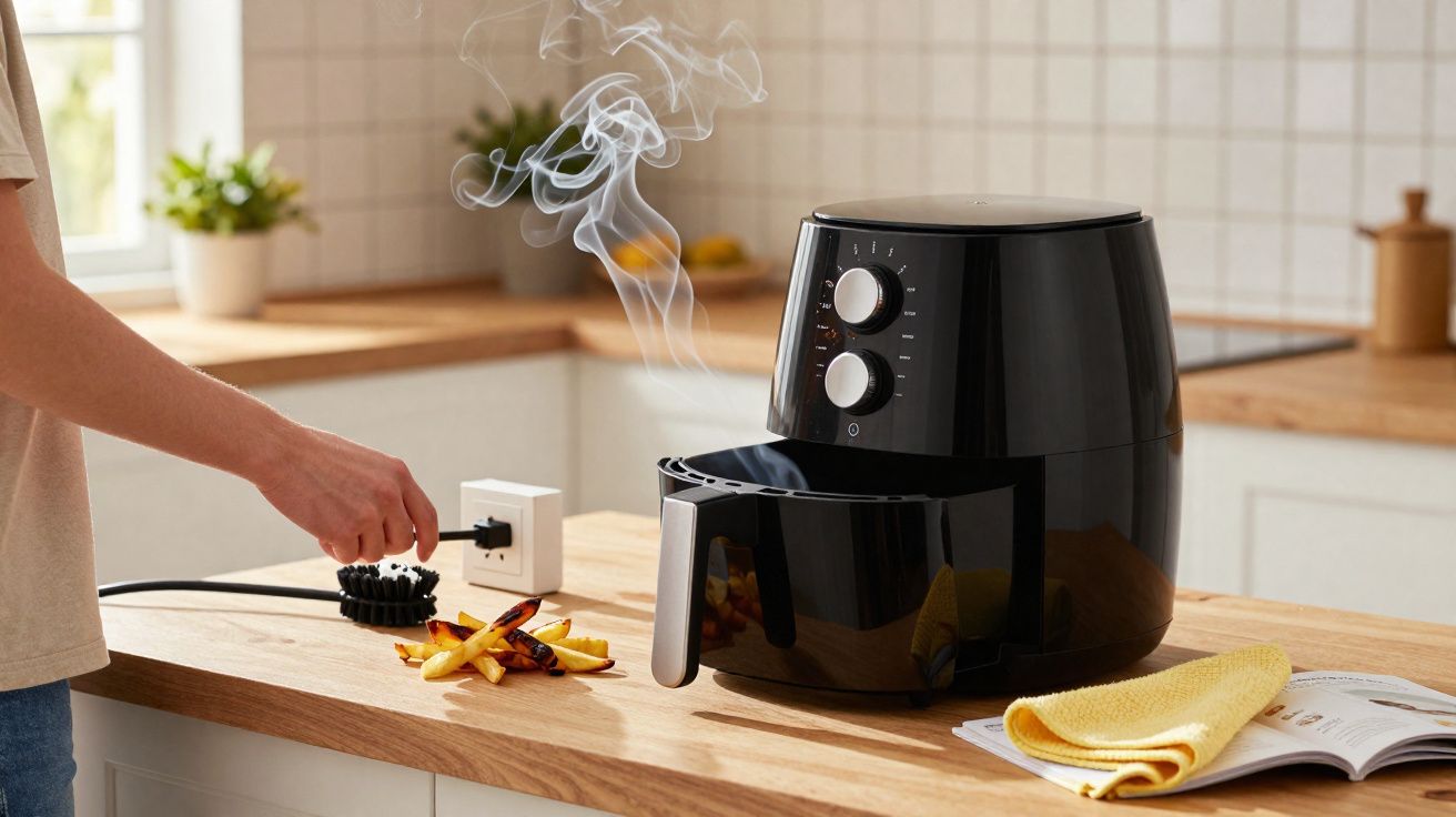 Fritadeira elétrica preta numa cozinha moderna com batatas-fritas e fumo a sair.
