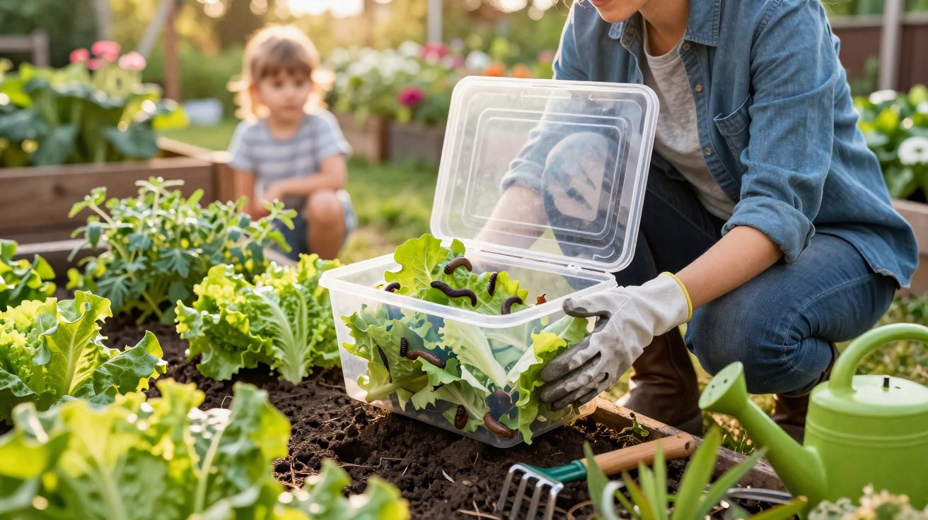 Adulto com luvas a colocar minhocas num recipiente com folhas verdes numa horta, criança ao fundo observando.