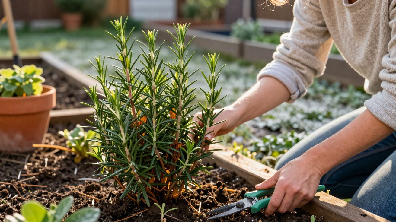 Pessoa a cuidar de planta de alecrim num canteiro com tesoura de poda na mão.