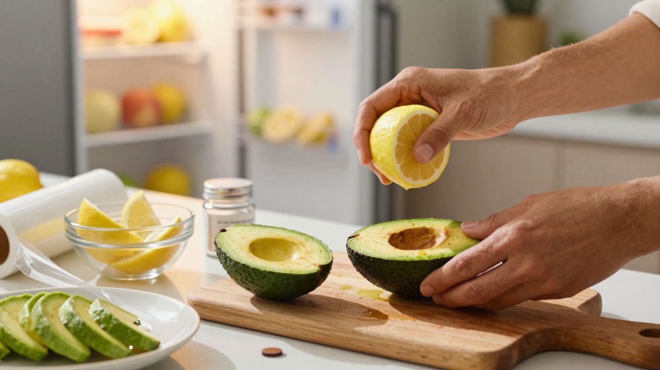 Duas mãos a espremer meio limão sobre abacate cortado ao meio numa tábua de madeira.