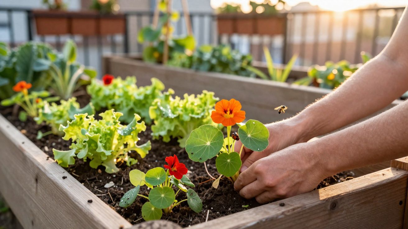 Mãos a plantar flores em canteiro de madeira com alfaces e abelhas a voar ao sol poente.