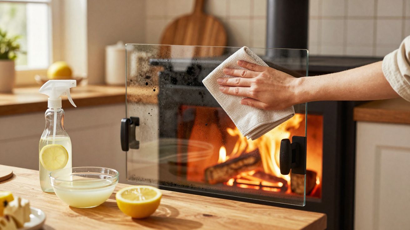 Pessoa a limpar a porta de vidro de uma lareira com um pano, spray de limpeza e limão na bancada.