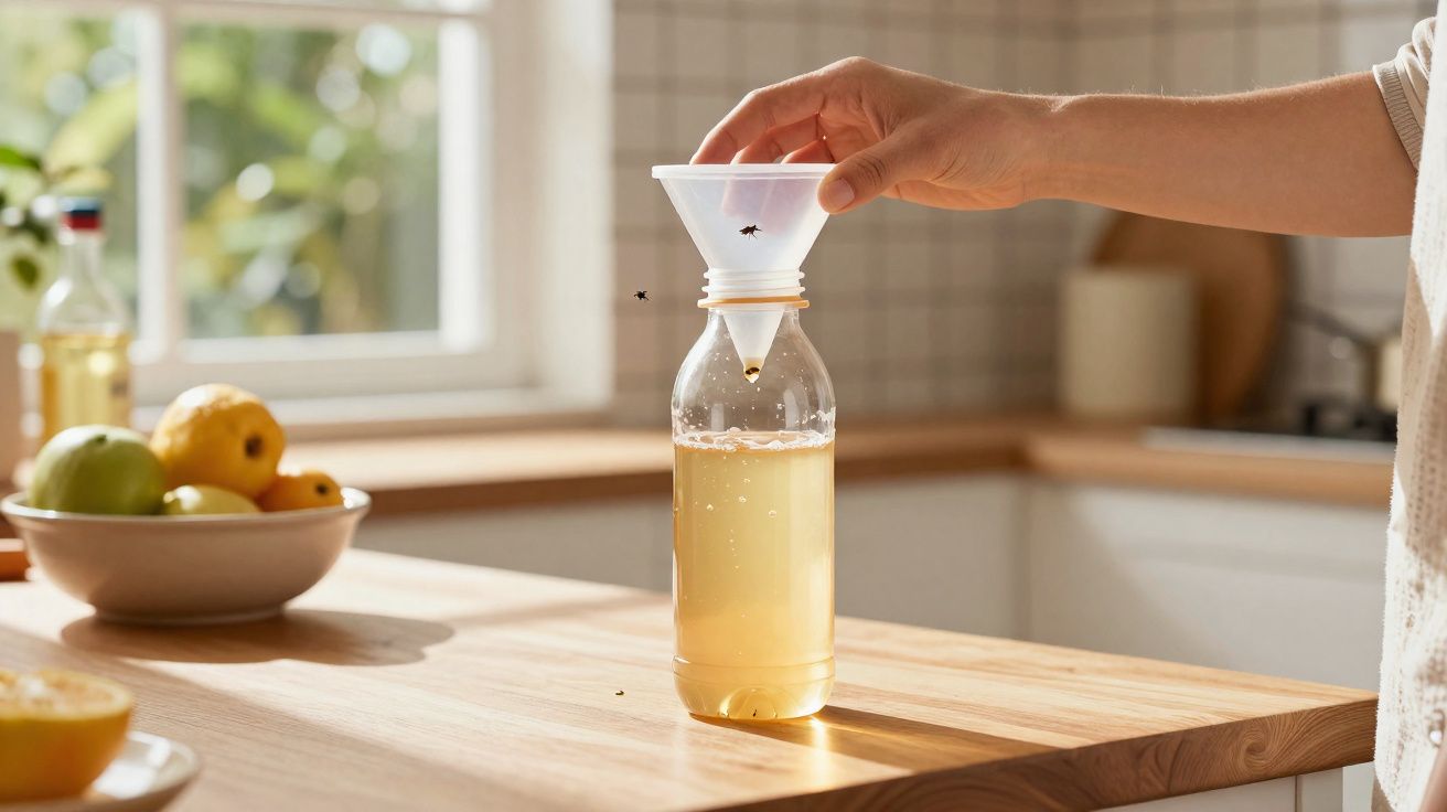 Mão a colocar armadilha caseira com funil e garrafa para apanhar moscas numa cozinha com luz natural.