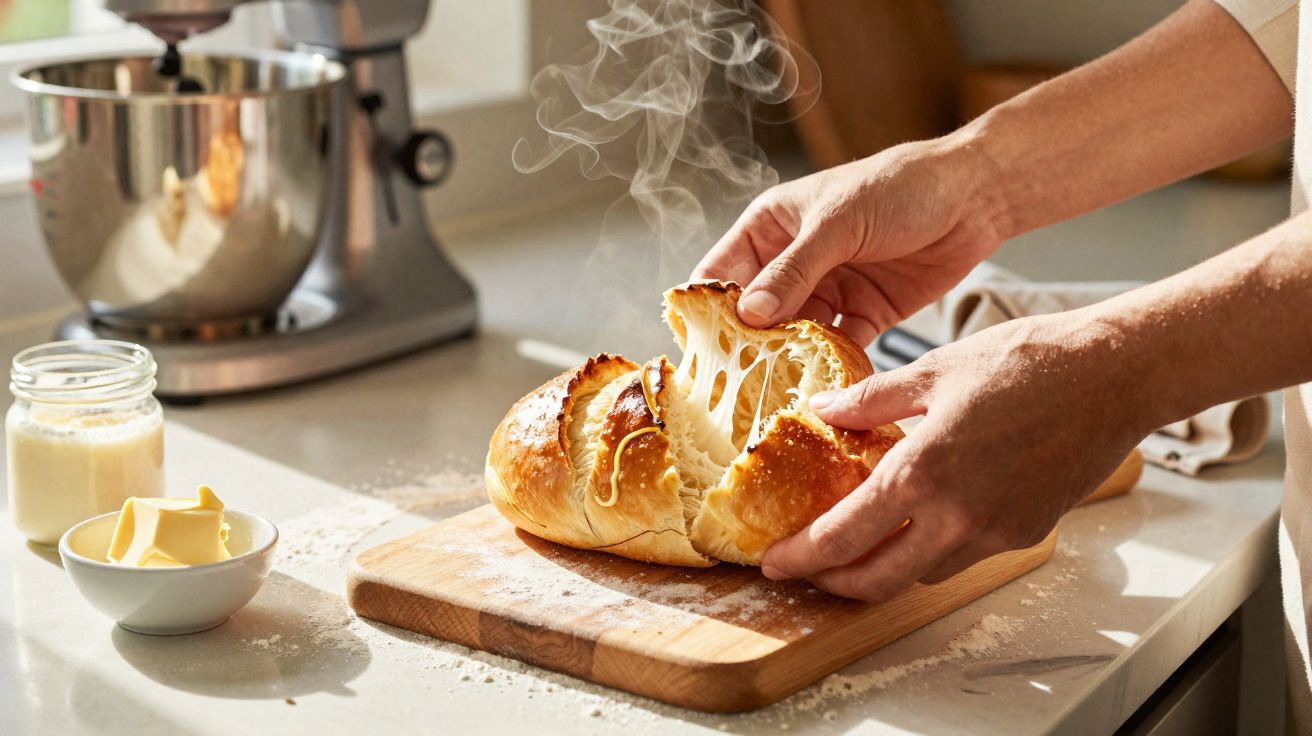 Mãos a partir um pão quente com queijo derretido num tabuleiro de madeira numa cozinha iluminada.