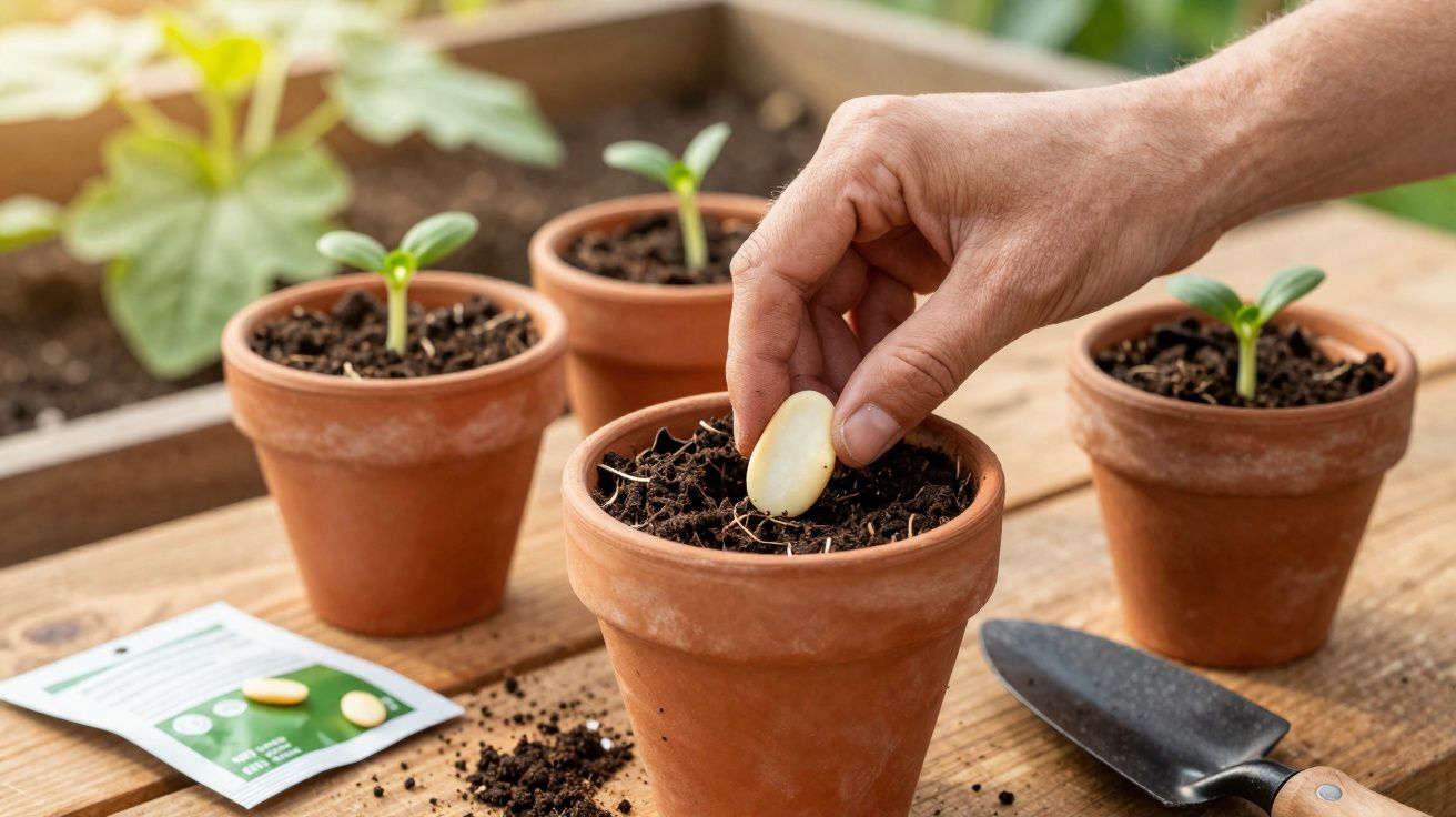 Mão a plantar uma semente em vaso de barro com mudas crescidas em fundo desfocado.
