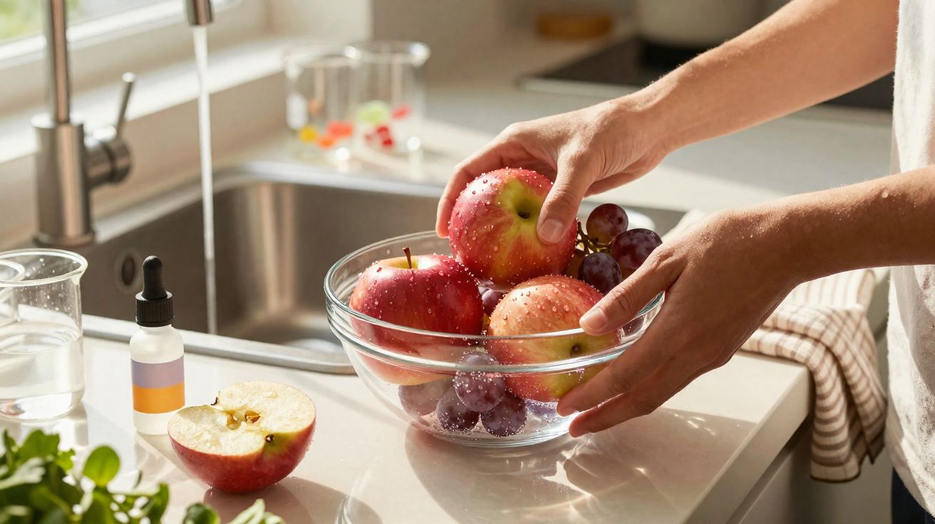 Mãos seguram taça de vidro com maçãs e uvas roxas, ao lado de maçã cortada e torneira de cozinha.