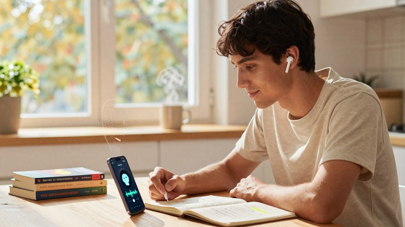 Jovem a estudar com auriculares e a fazer anotações enquanto escuta áudio no telemóvel apoiado na mesa.