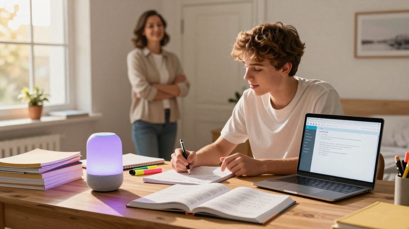 Jovem a estudar numa mesa com cadernos e computador, enquanto uma mulher adulto observa ao fundo.