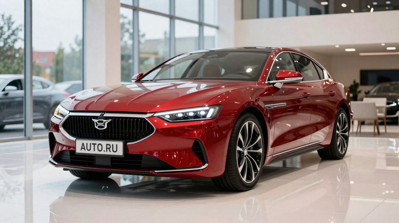 Automóvel sedã vermelho brilhante em exposição dentro de concessionária moderna e iluminada.