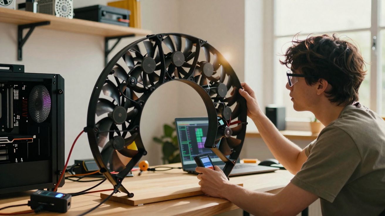 Jovem a testar equipamento tecnológico com ventoinhas num ambiente de trabalho junto ao computador portátil.