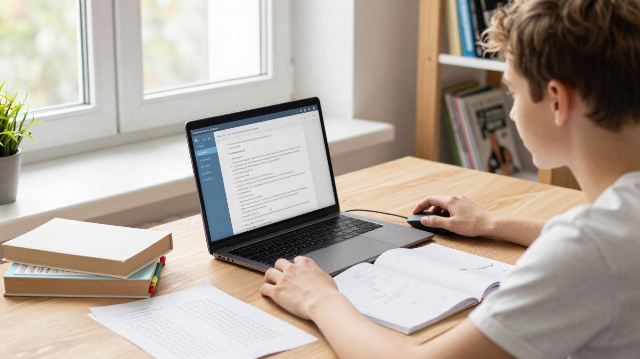Jovem a estudar com portátil, caderno e livros numa secretária junto à janela.