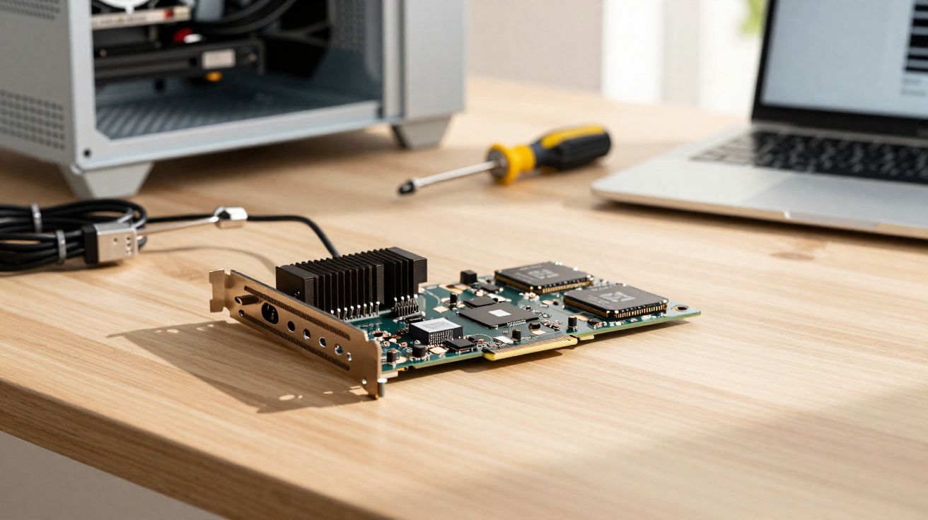 Placa gráfica antiga sobre mesa de madeira com computador aberto, portátil e uma chave de fendas ao fundo.