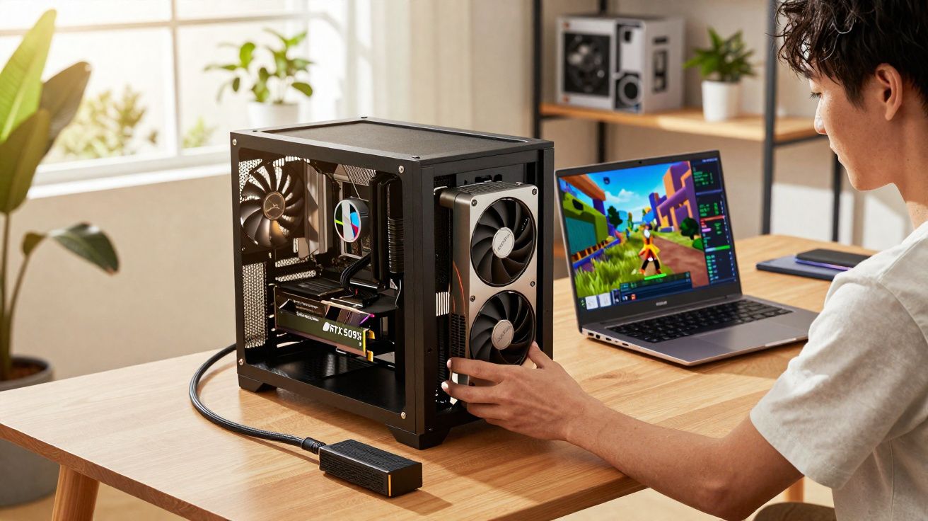 Pessoa a montar ou ajustar computador gaming numa secretária com portátil ao lado a mostrar videojogo.