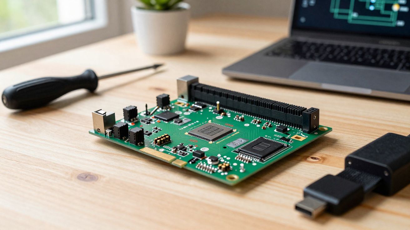 Placa eletrónica verde com componentes, ao lado de parafuso, cabo USB e computador portátil numa mesa de madeira.