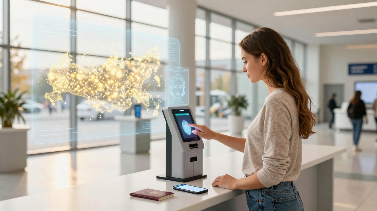 Mulher a usar quiosque digital de reconhecimento facial num ambiente moderno e luminoso.