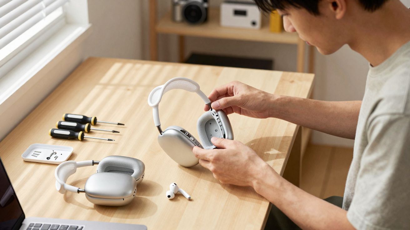 Pessoa desmonta auscultadores com ferramentas numa secretária junto a um computador portátil.