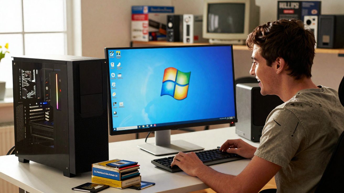 Jovem sentado a usar computador de secretária com monitor grande e sistema operativo Windows 7.