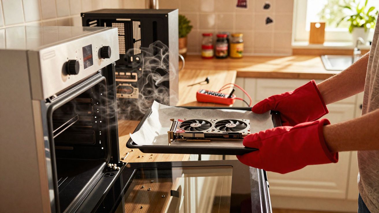 Pessoa a colocar uma placa gráfica fumegante num forno de cozinha com luvas vermelhas de proteção.