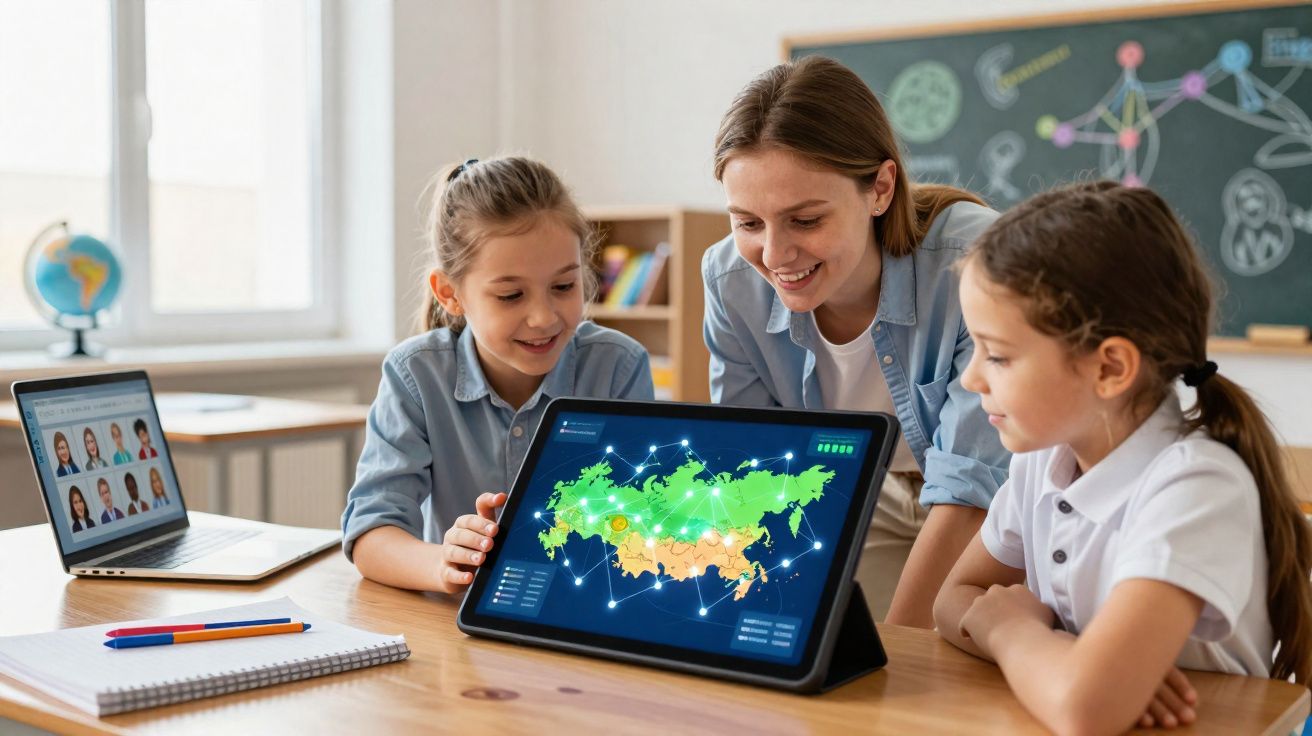 Professora e duas alunas observam mapa digital interativo numa sala de aula moderna.