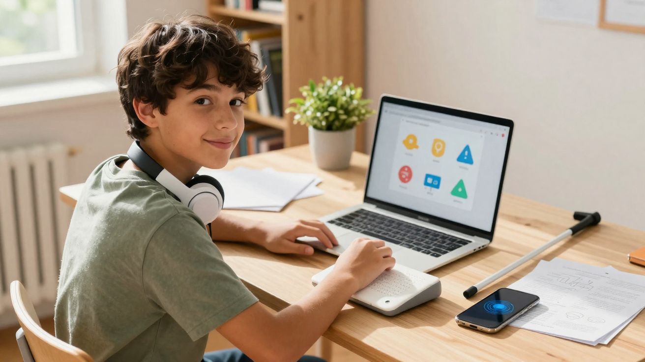 Rapaz jovem com auscultadores à volta do pescoço utiliza dispositivo braille em secretária com computador portátil.