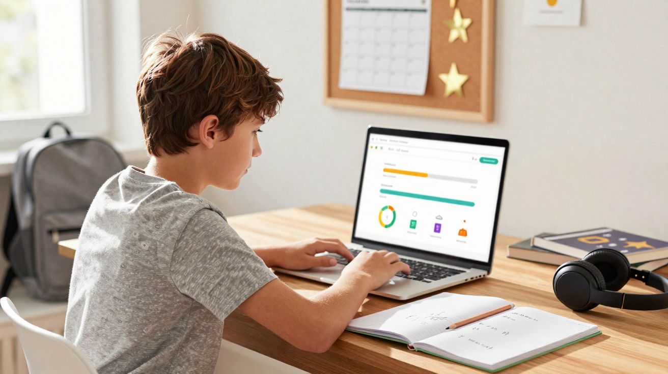 Jovem a estudar em casa, a usar computador portátil, com caderno aberto e auscultadores sobre a secretária.